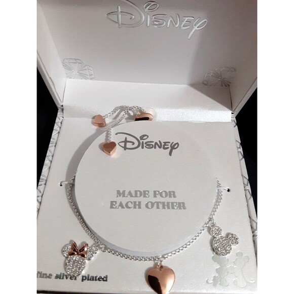 Disney Minnie Mickey Mouse Made For Each Other Pendant Fine Silver Bracelet - Picture 1 of 9